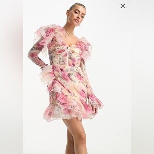 ASOS LUXE organza ruffle ruched long sleeved mini dress in floral print